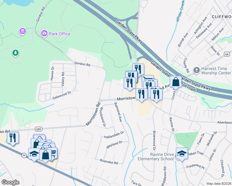 map of restaurants, bars, coffee shops, grocery stores, and more near 11 School House Lane in Matawan