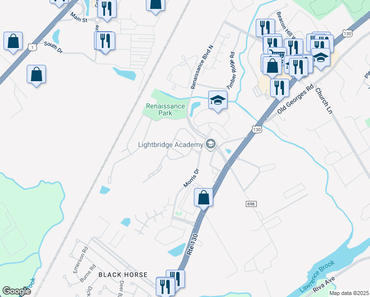 map of restaurants, bars, coffee shops, grocery stores, and more near 24 Palmetto Way in North Brunswick Township