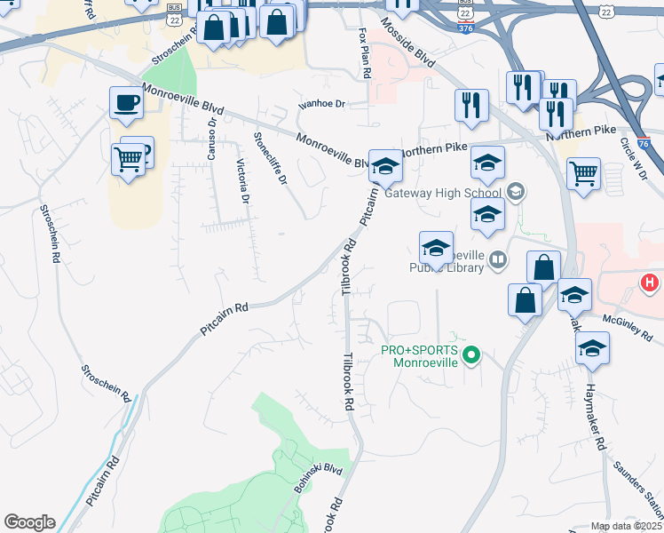 map of restaurants, bars, coffee shops, grocery stores, and more near 2578 Pitcairn Road in Monroeville