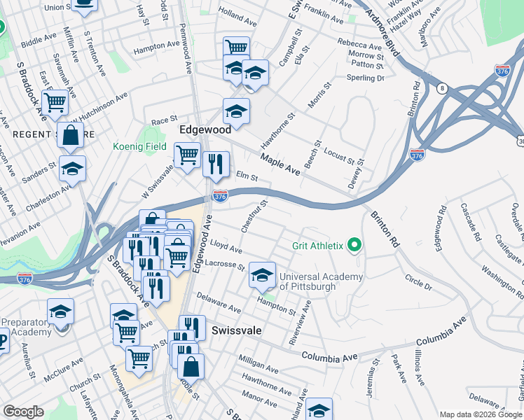 map of restaurants, bars, coffee shops, grocery stores, and more near 227 Chestnut Street in Pittsburgh