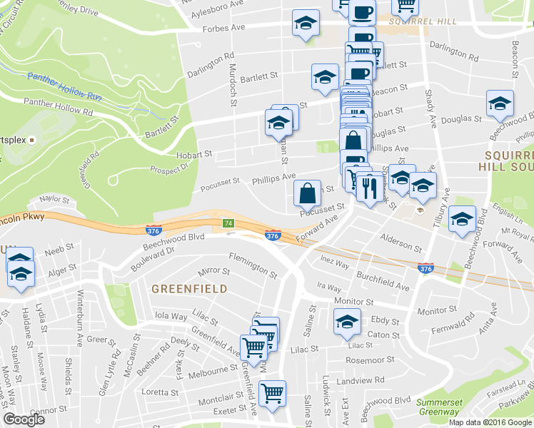 map of restaurants, bars, coffee shops, grocery stores, and more near 5550 Pocusset Street in Pittsburgh