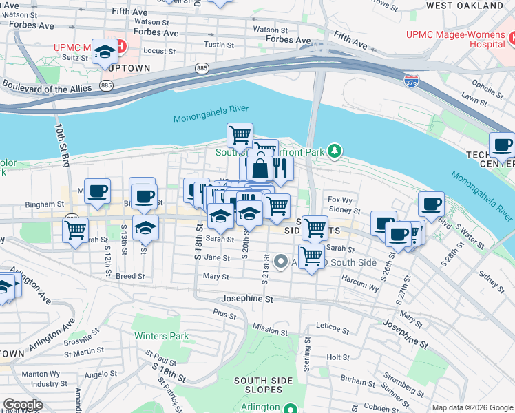 map of restaurants, bars, coffee shops, grocery stores, and more near 2012 Sidney Street in Pittsburgh