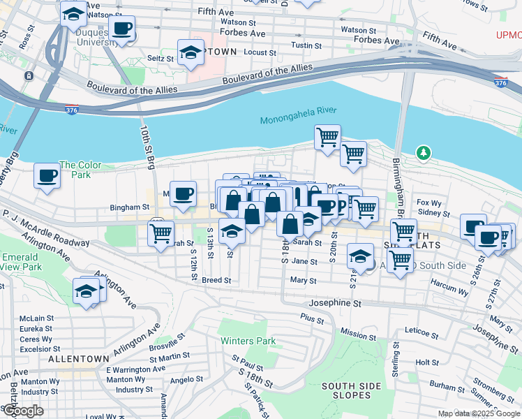 map of restaurants, bars, coffee shops, grocery stores, and more near 1711 Wrights Way in Pittsburgh