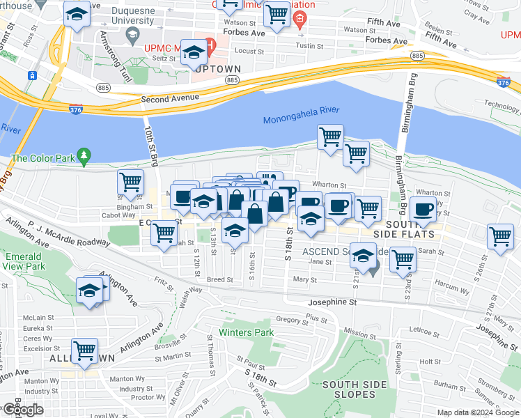 map of restaurants, bars, coffee shops, grocery stores, and more near in Pittsburgh
