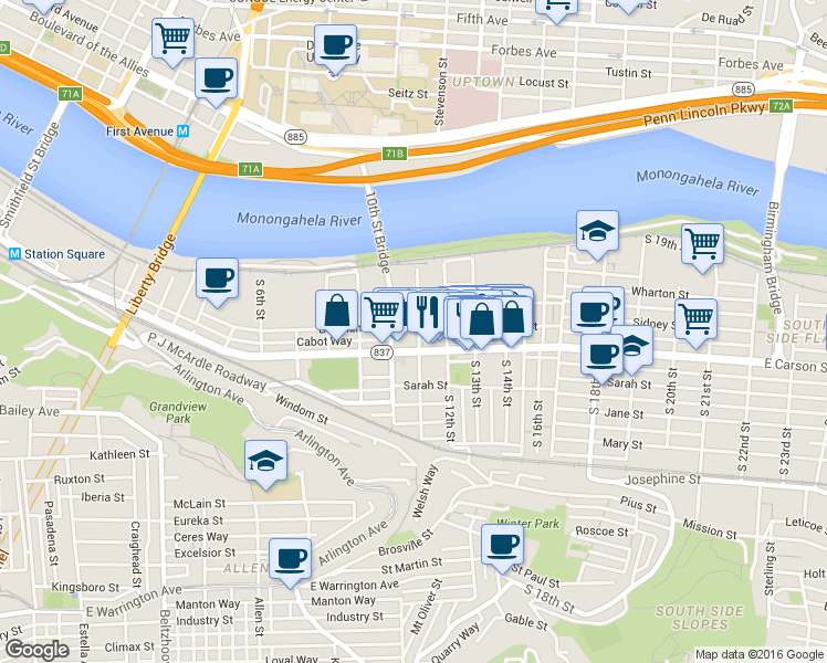map of restaurants, bars, coffee shops, grocery stores, and more near 1101 Bingham Street in Pittsburgh