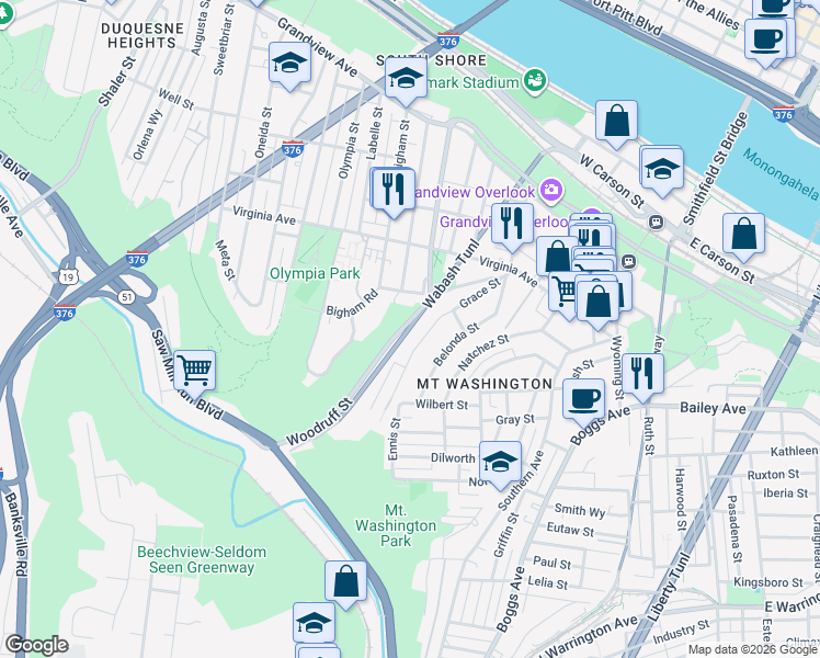 map of restaurants, bars, coffee shops, grocery stores, and more near 383 Wabash Tunnel in Pittsburgh