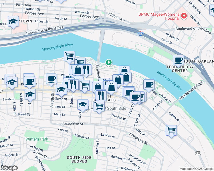 map of restaurants, bars, coffee shops, grocery stores, and more near in Pittsburgh