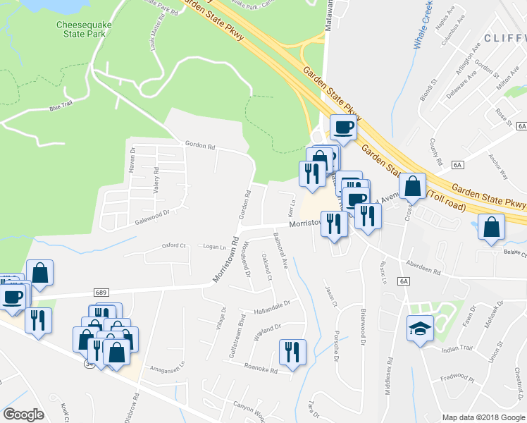 map of restaurants, bars, coffee shops, grocery stores, and more near 11 School House Lane in Matawan