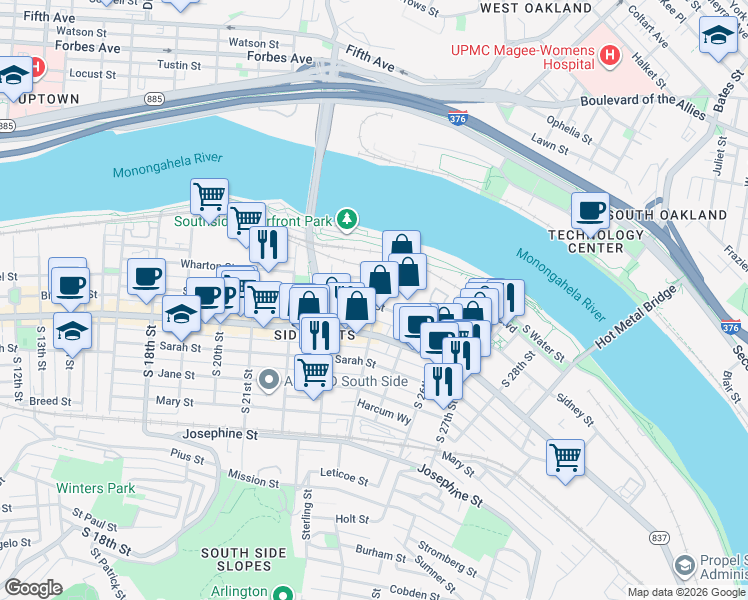 map of restaurants, bars, coffee shops, grocery stores, and more near 72 South 24th Street in Pittsburgh