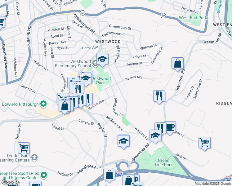 map of restaurants, bars, coffee shops, grocery stores, and more near 1931 Warriors Road in Pittsburgh