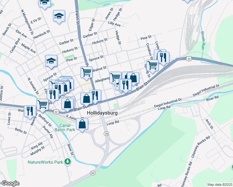map of restaurants, bars, coffee shops, grocery stores, and more near 202 Jones Street in Hollidaysburg