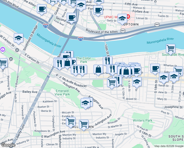 map of restaurants, bars, coffee shops, grocery stores, and more near 710 Bingham Street in Pittsburgh