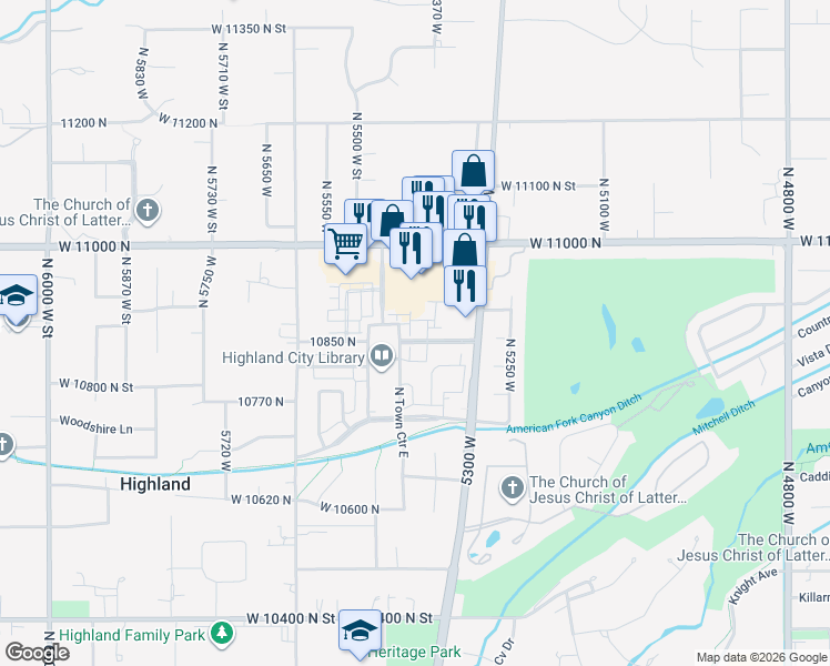 map of restaurants, bars, coffee shops, grocery stores, and more near 10862 North Marble Manor in Highland