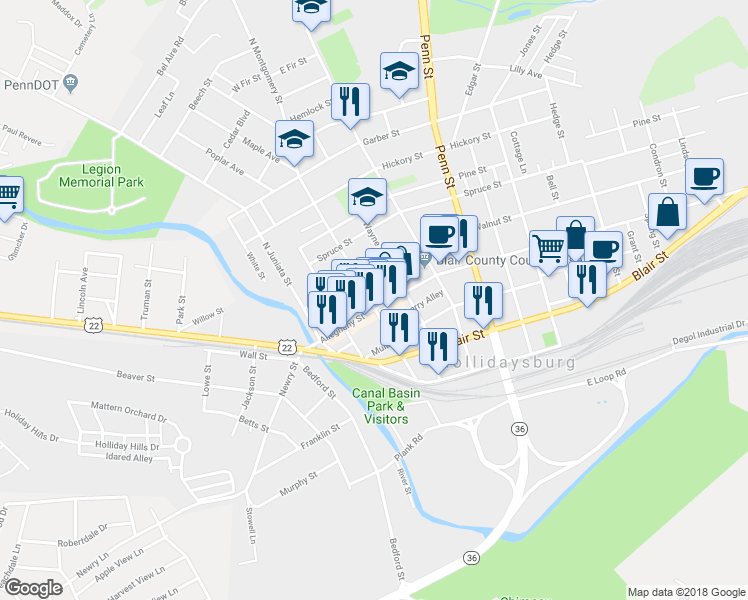 map of restaurants, bars, coffee shops, grocery stores, and more near 301 Allegheny Street in Hollidaysburg