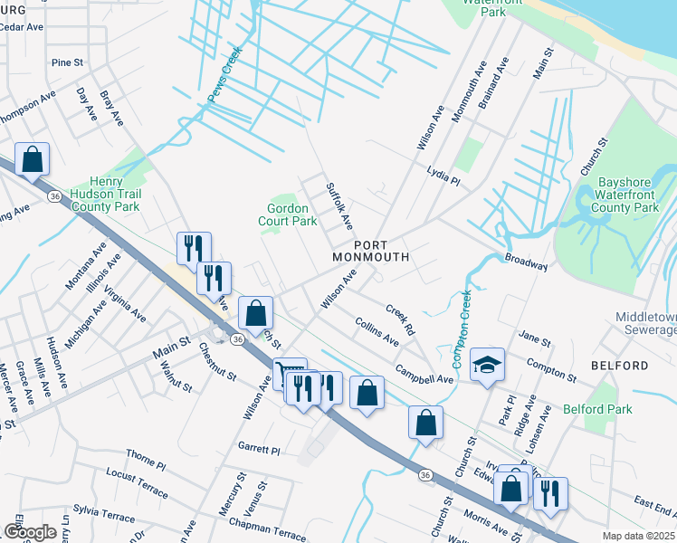 map of restaurants, bars, coffee shops, grocery stores, and more near 141 Main Street in Port Monmouth