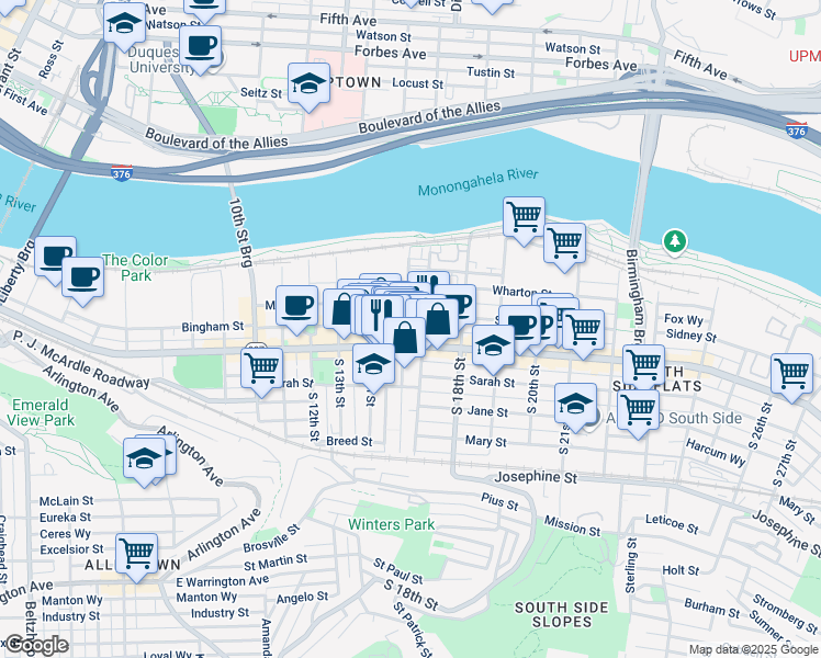 map of restaurants, bars, coffee shops, grocery stores, and more near 79 South 16th Street in Pittsburgh