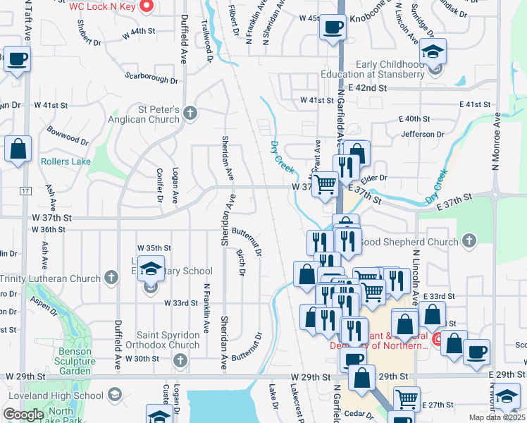 map of restaurants, bars, coffee shops, grocery stores, and more near 3636 Butternut Drive in Loveland