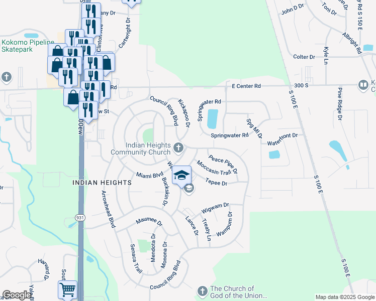 map of restaurants, bars, coffee shops, grocery stores, and more near 5213 Council Ring Boulevard in Kokomo