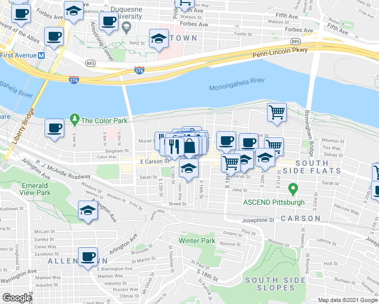 map of restaurants, bars, coffee shops, grocery stores, and more near 1404 Bingham Street in Pittsburgh