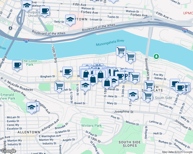 map of restaurants, bars, coffee shops, grocery stores, and more near 1711 Wrights Way in Pittsburgh