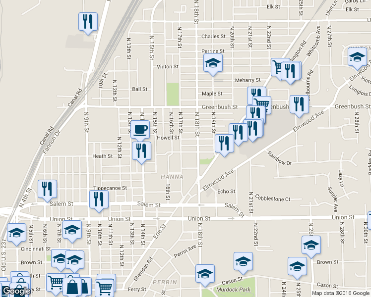 map of restaurants, bars, coffee shops, grocery stores, and more near 1711 Wilson Street in Lafayette