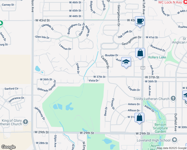 map of restaurants, bars, coffee shops, grocery stores, and more near 3633 Wild Horse Court in Loveland