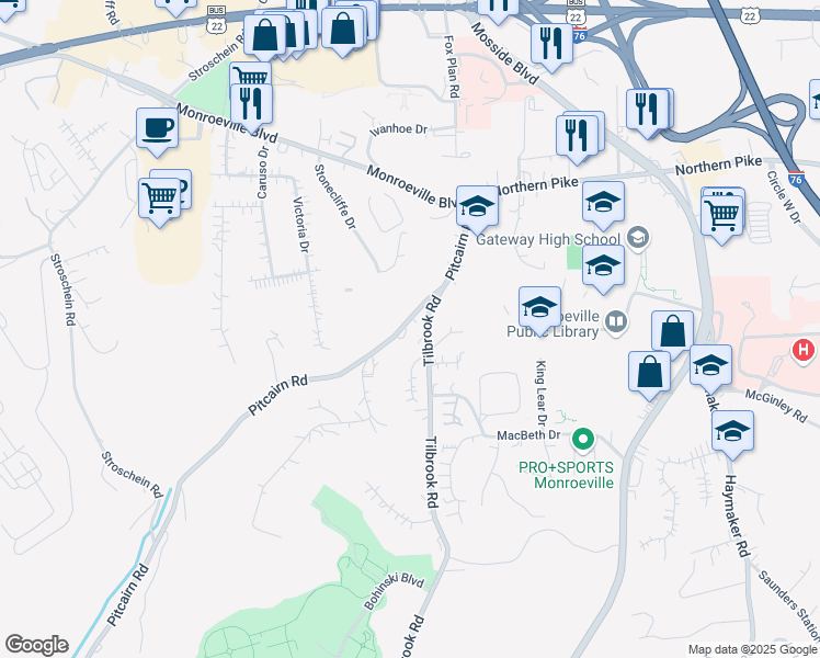 map of restaurants, bars, coffee shops, grocery stores, and more near 2582 Pitcairn Road in Monroeville