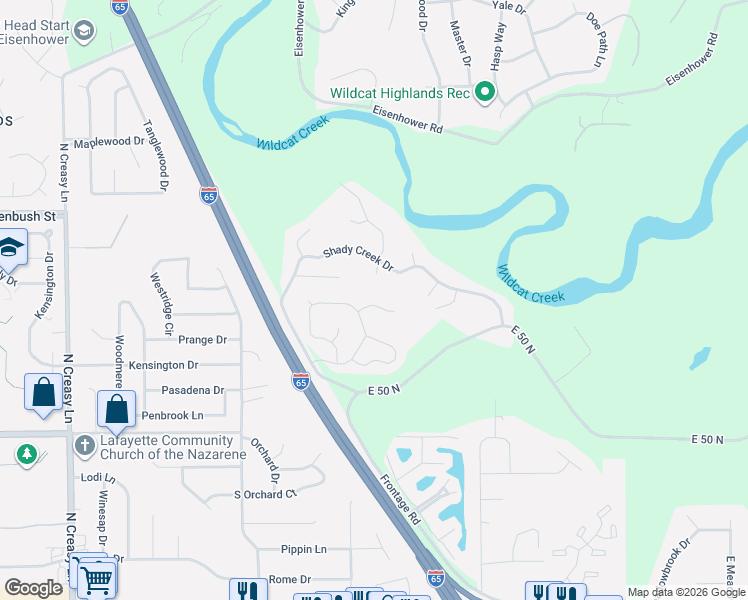 map of restaurants, bars, coffee shops, grocery stores, and more near 100 Foxwood Court in Lafayette