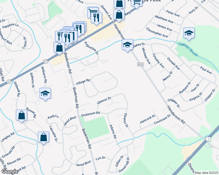 map of restaurants, bars, coffee shops, grocery stores, and more near 9 Stadelman Court in South Brunswick Township