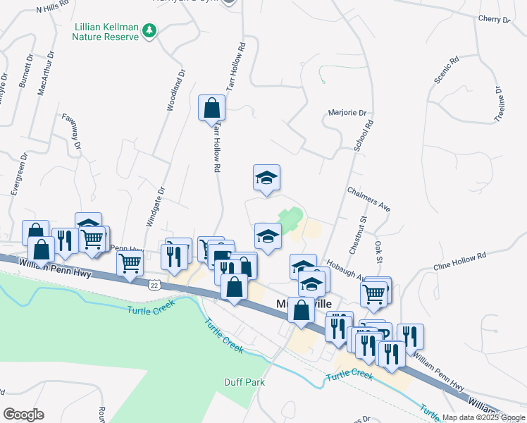 map of restaurants, bars, coffee shops, grocery stores, and more near 3200 School Road in Murrysville