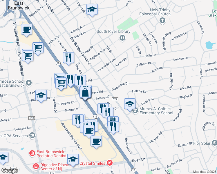 map of restaurants, bars, coffee shops, grocery stores, and more near 14 Old Bridge Turnpike in South River