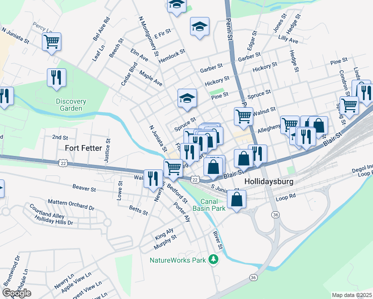 map of restaurants, bars, coffee shops, grocery stores, and more near 208 Walnut Street in Hollidaysburg