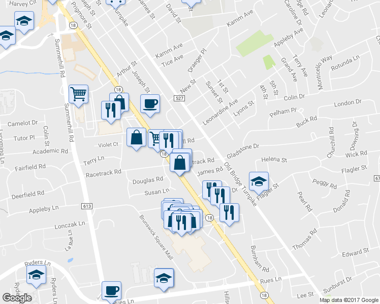 map of restaurants, bars, coffee shops, grocery stores, and more near 19 Rodney Road in East Brunswick