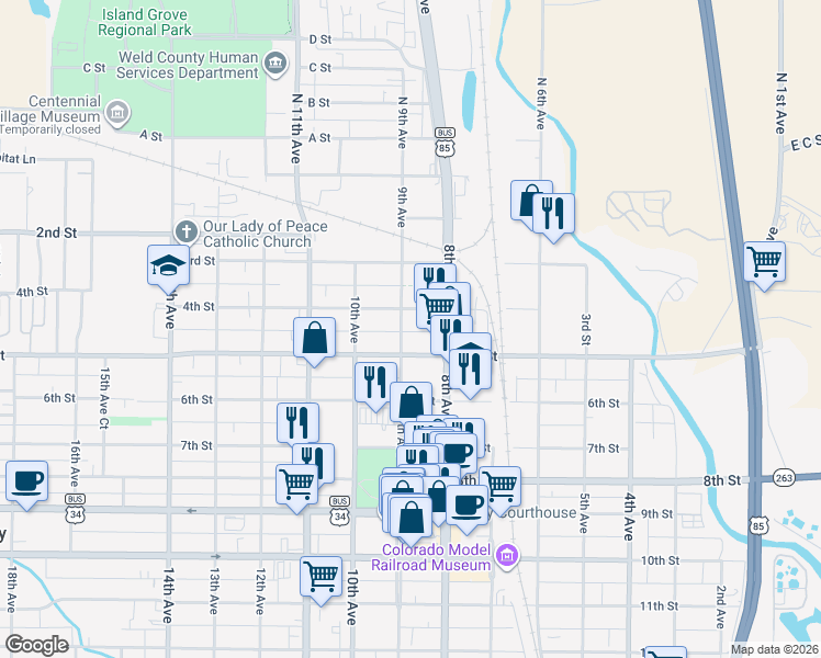 map of restaurants, bars, coffee shops, grocery stores, and more near 408 9th Avenue in Greeley