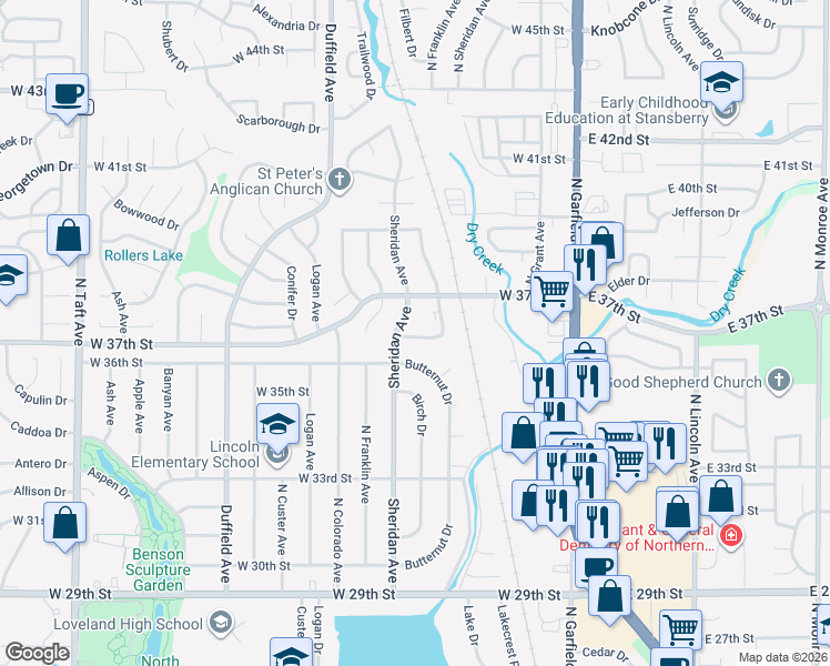 map of restaurants, bars, coffee shops, grocery stores, and more near 3644 Sheridan Avenue in Loveland