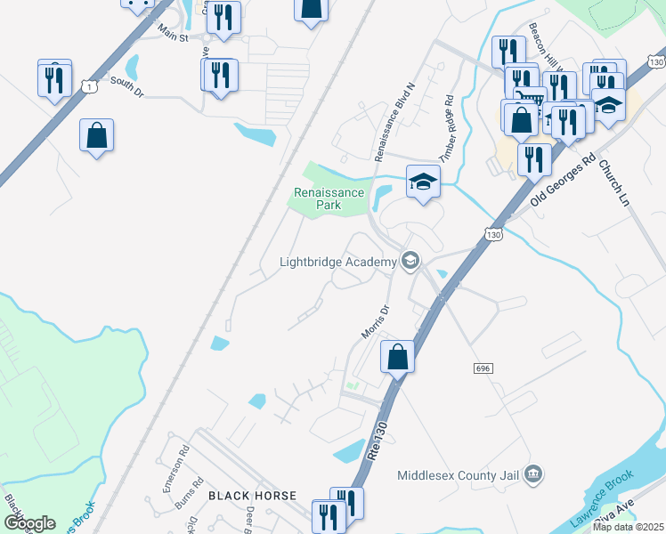 map of restaurants, bars, coffee shops, grocery stores, and more near 218 Hawthorne Road in North Brunswick Township