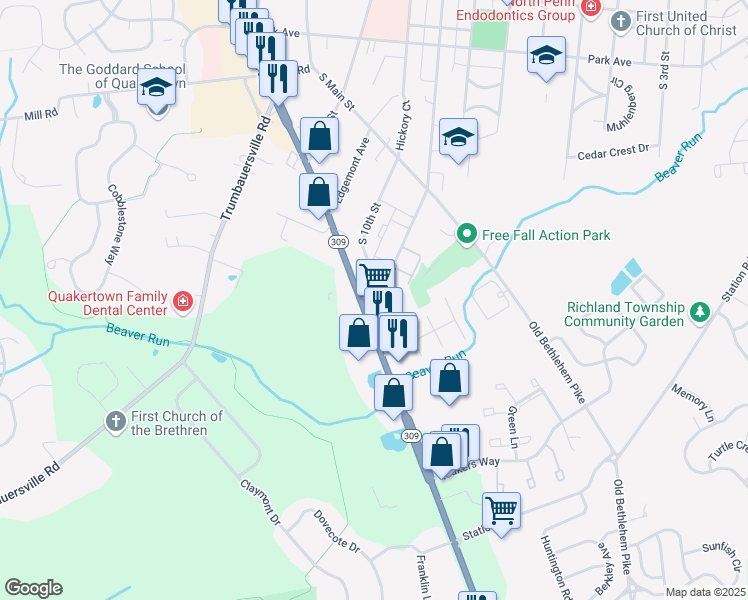 map of restaurants, bars, coffee shops, grocery stores, and more near 561 South West End Boulevard in Quakertown