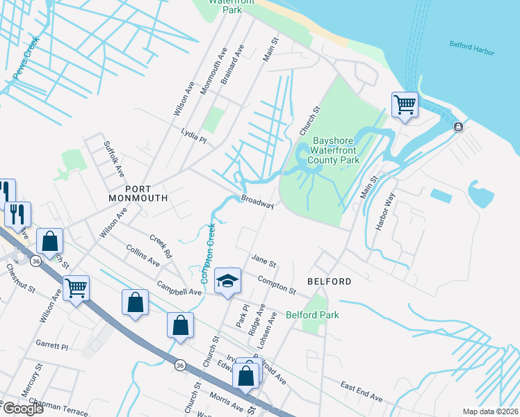 map of restaurants, bars, coffee shops, grocery stores, and more near 24 Broadway in Middletown Township
