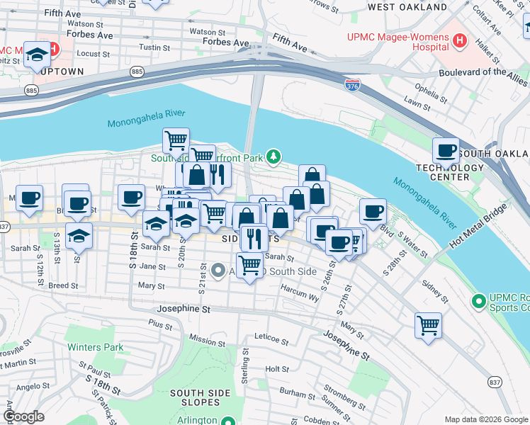 map of restaurants, bars, coffee shops, grocery stores, and more near in Pittsburgh