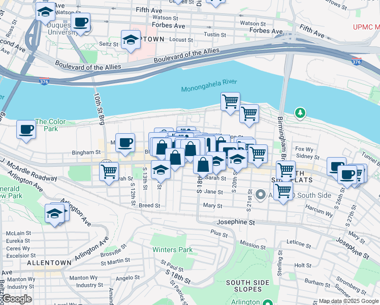 map of restaurants, bars, coffee shops, grocery stores, and more near 1711 Wrights Way in Pittsburgh