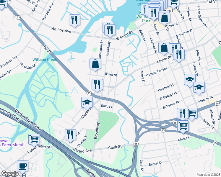 map of restaurants, bars, coffee shops, grocery stores, and more near 255 Maple Place in Keyport