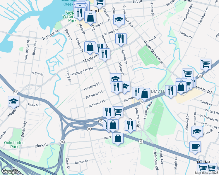 map of restaurants, bars, coffee shops, grocery stores, and more near 324 Broad Street in Keyport