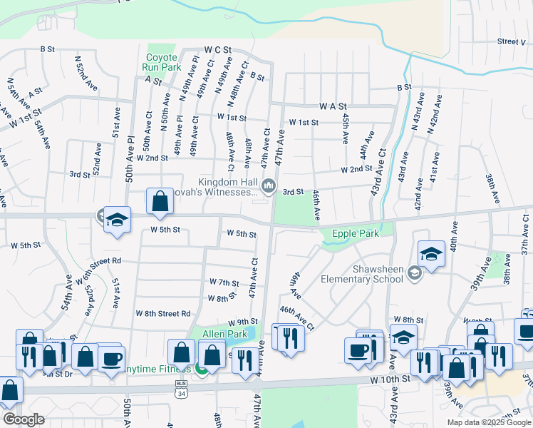 map of restaurants, bars, coffee shops, grocery stores, and more near 355 47th Avenue in Greeley