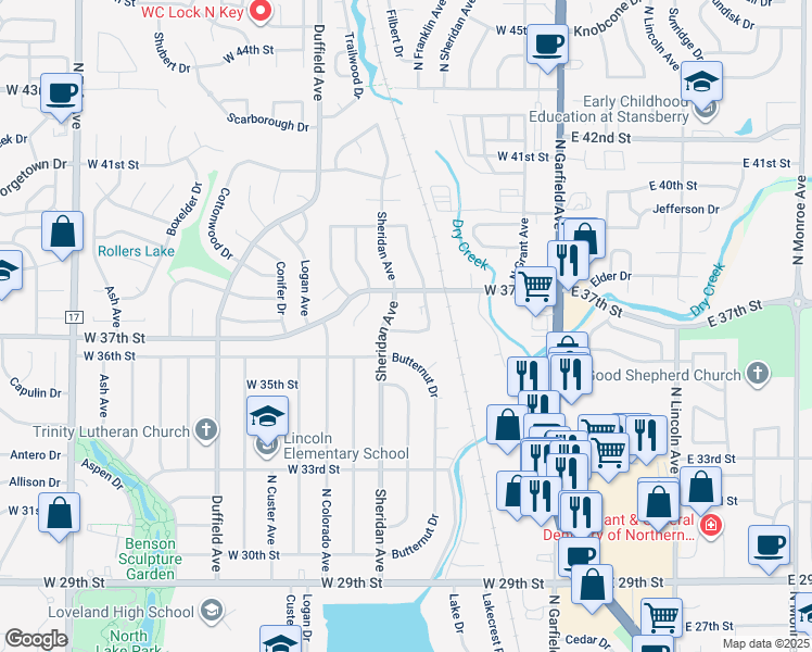 map of restaurants, bars, coffee shops, grocery stores, and more near 3644 Sheridan Avenue in Loveland