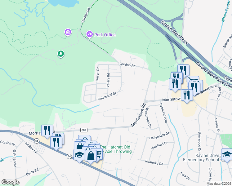 map of restaurants, bars, coffee shops, grocery stores, and more near 20 Galewood Drive in Matawan