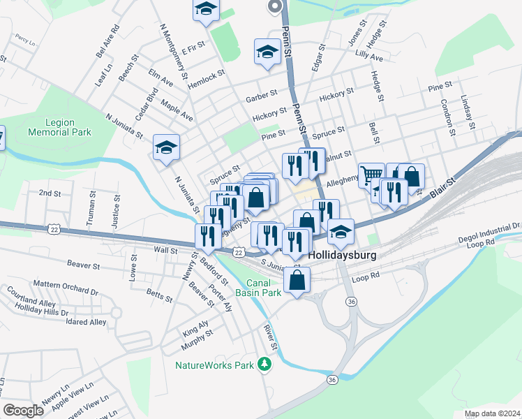 map of restaurants, bars, coffee shops, grocery stores, and more near 301 Allegheny St in Hollidaysburg