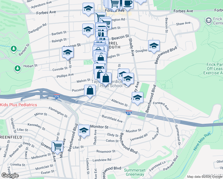 map of restaurants, bars, coffee shops, grocery stores, and more near 5841 Forward Avenue in Pittsburgh