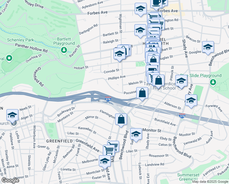 map of restaurants, bars, coffee shops, grocery stores, and more near 5550 Pocusset Street in Pittsburgh