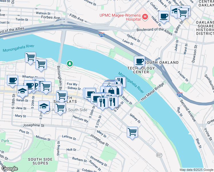 map of restaurants, bars, coffee shops, grocery stores, and more near 2626 South Tunnel Boulevard in Pittsburgh