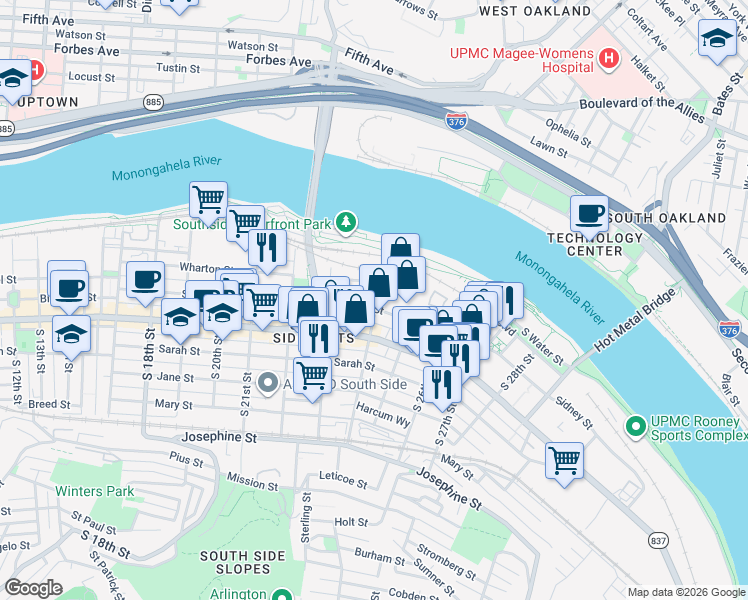 map of restaurants, bars, coffee shops, grocery stores, and more near 72 South 24th Street in Pittsburgh